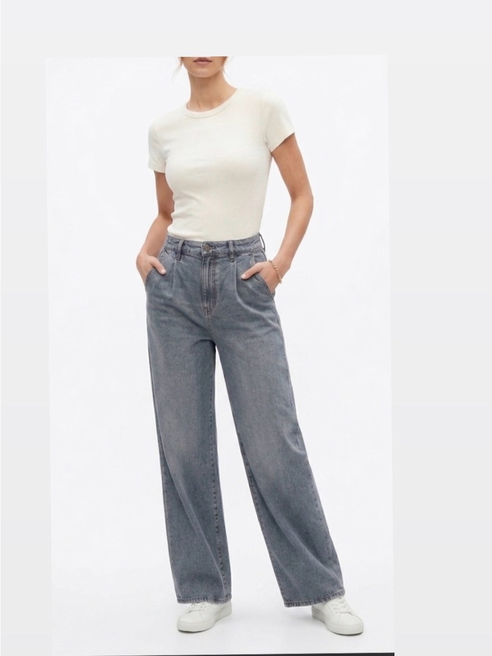 Massimo Dutti High-Waist Wide-Leg Darted Jeans Wash Grey Blue (Orig $130)